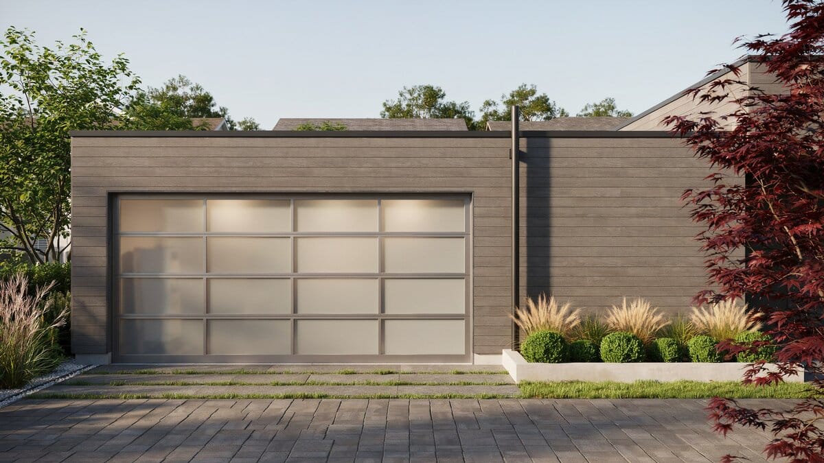 Frosted glass panes in a bronze frame against horizontal wood siding