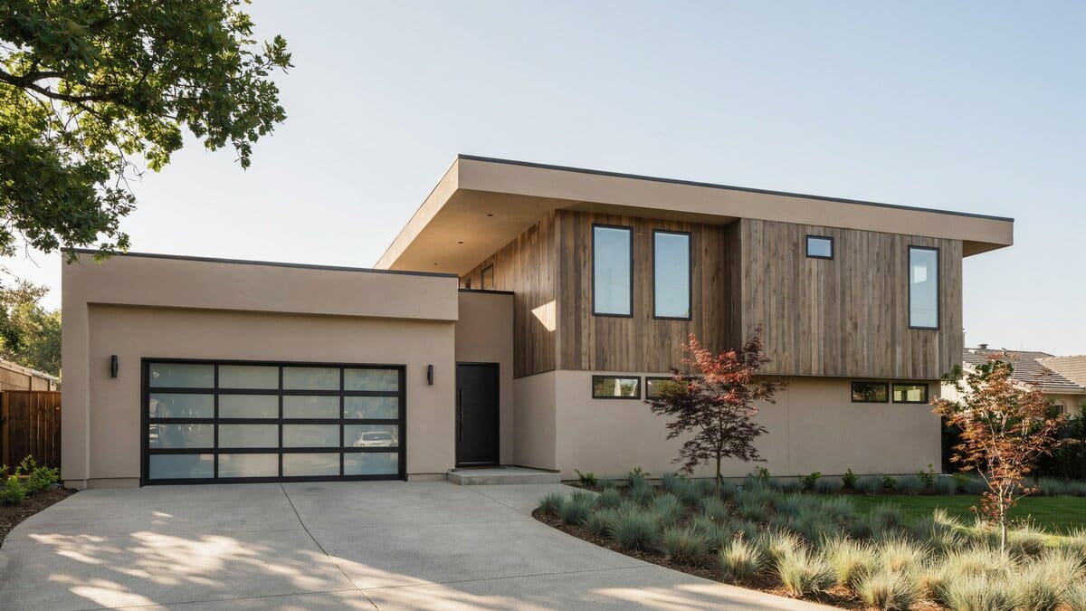 Two story modern home with stacked frosted glass garage door panels
