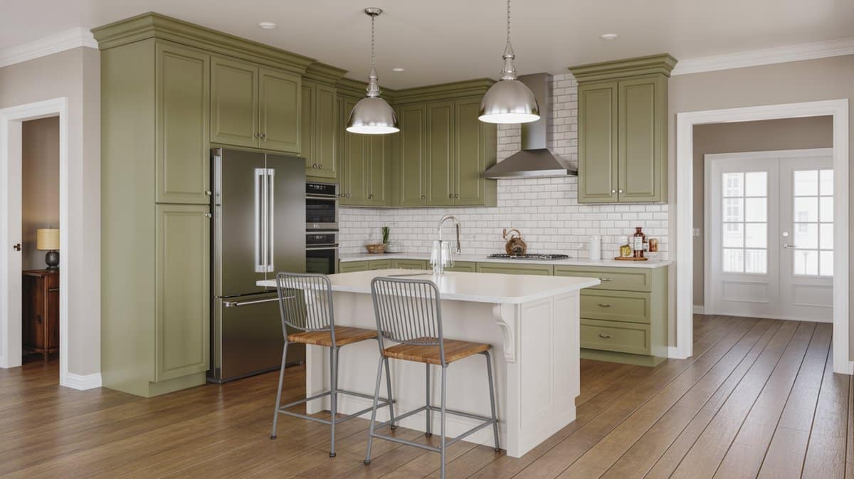 Olive green shaker kitchen with chrome dome pendants, white island, and wood bar stools beside French doors