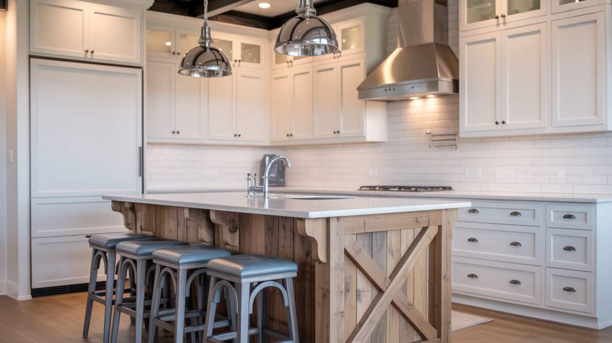 Rustic barnwood X-brace island anchors this white shaker kitchen with chrome dome pendants and light hardwood