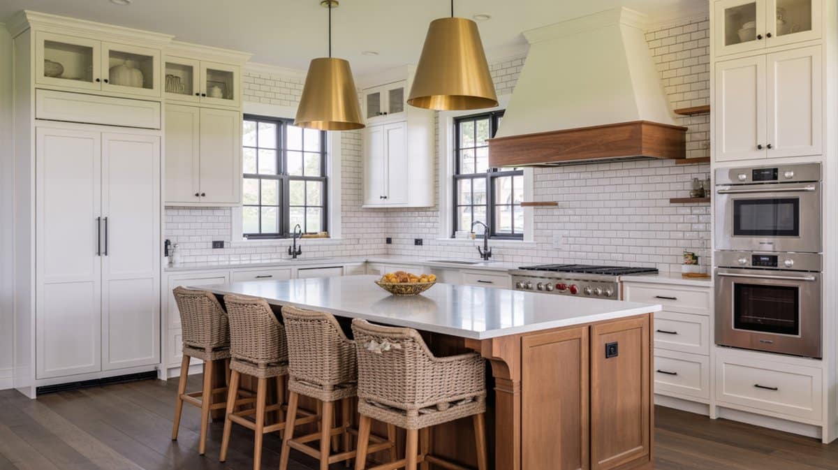 Brass cone pendant lights and rattan bar stools accent this white shaker kitchen with black casement windows