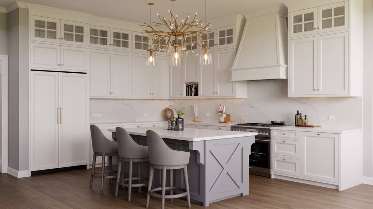 White shaker kitchen featuring a gold branch chandelier over a gray X-brace island with swivel bar stools