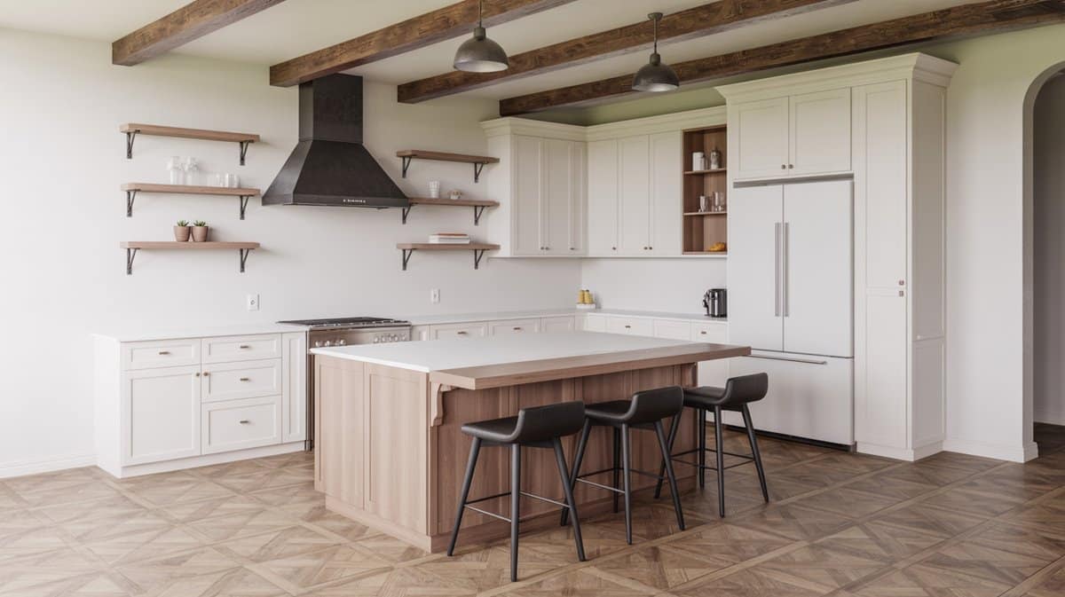 Open shelves and black iron range hood define this white kitchen with exposed wood ceiling beams