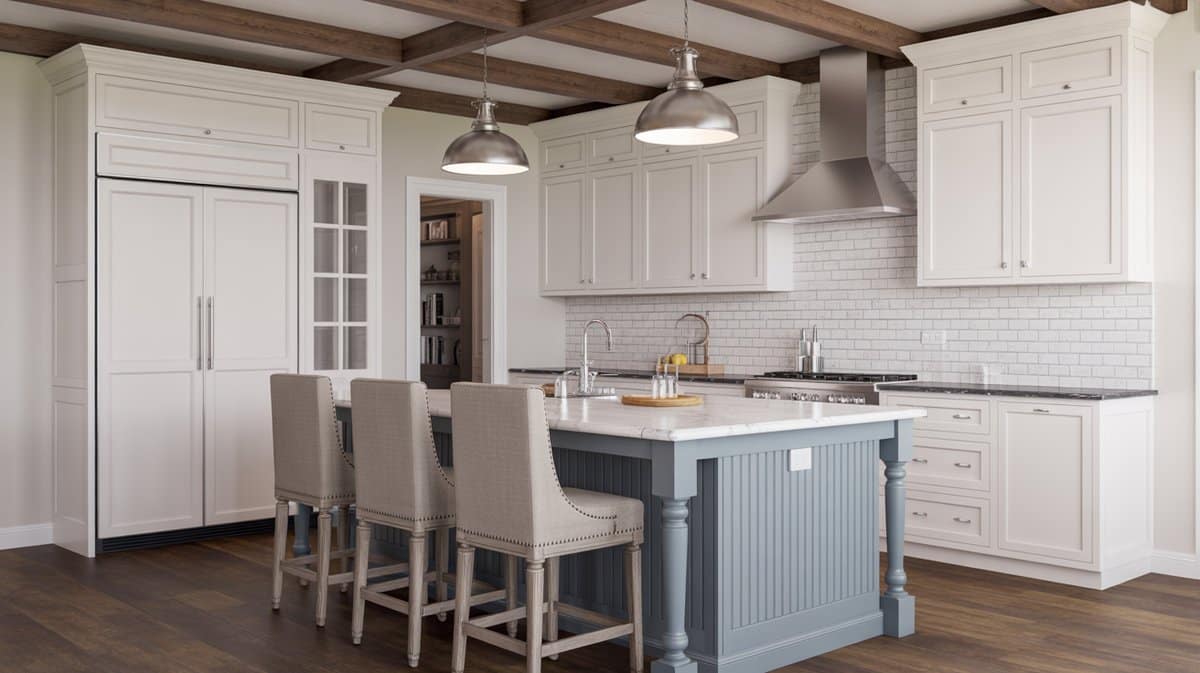Classic white kitchen with exposed wood beams, a blue-gray paneled island on turned legs, and upholstered stools