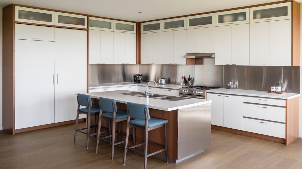 White kitchen with walnut wood trim, freestanding stainless steel island, and blue upholstered bar stools