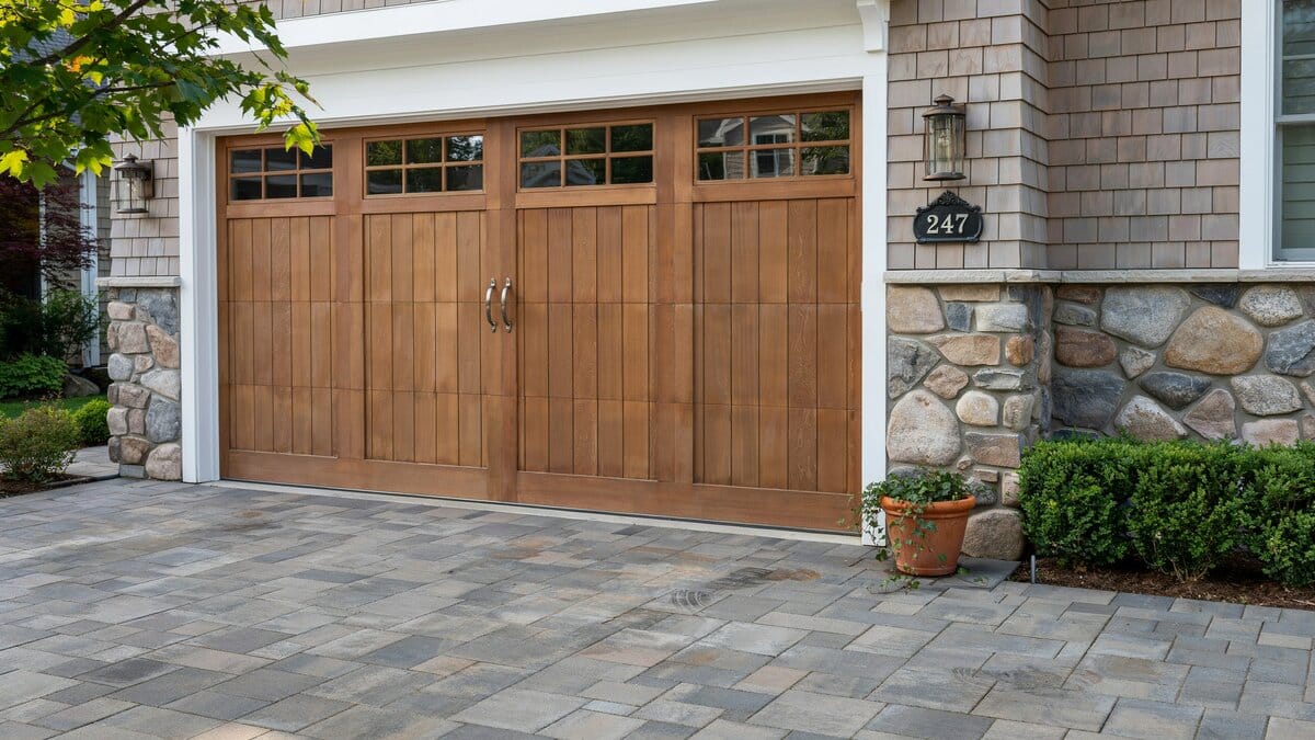 Stained cedar double car door with vertical planks and a window row