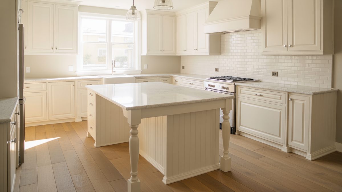 Remodeled kitchen with white painted cabinets quartz countertop island with legs and tile backsplash