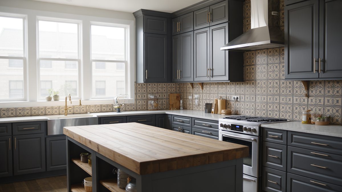 Updated kitchen with black painted cabinets wall tile pattern backsplash bare wood plank island