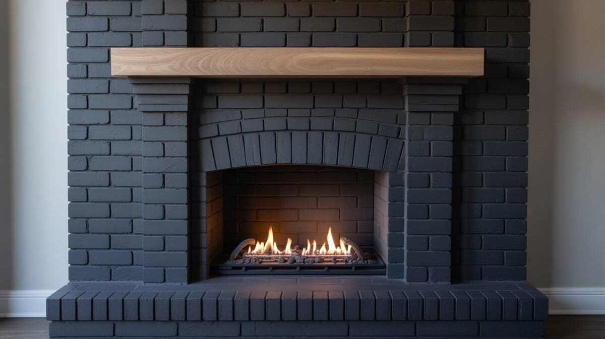 Painted dark brick on the fireplace with wood hearth