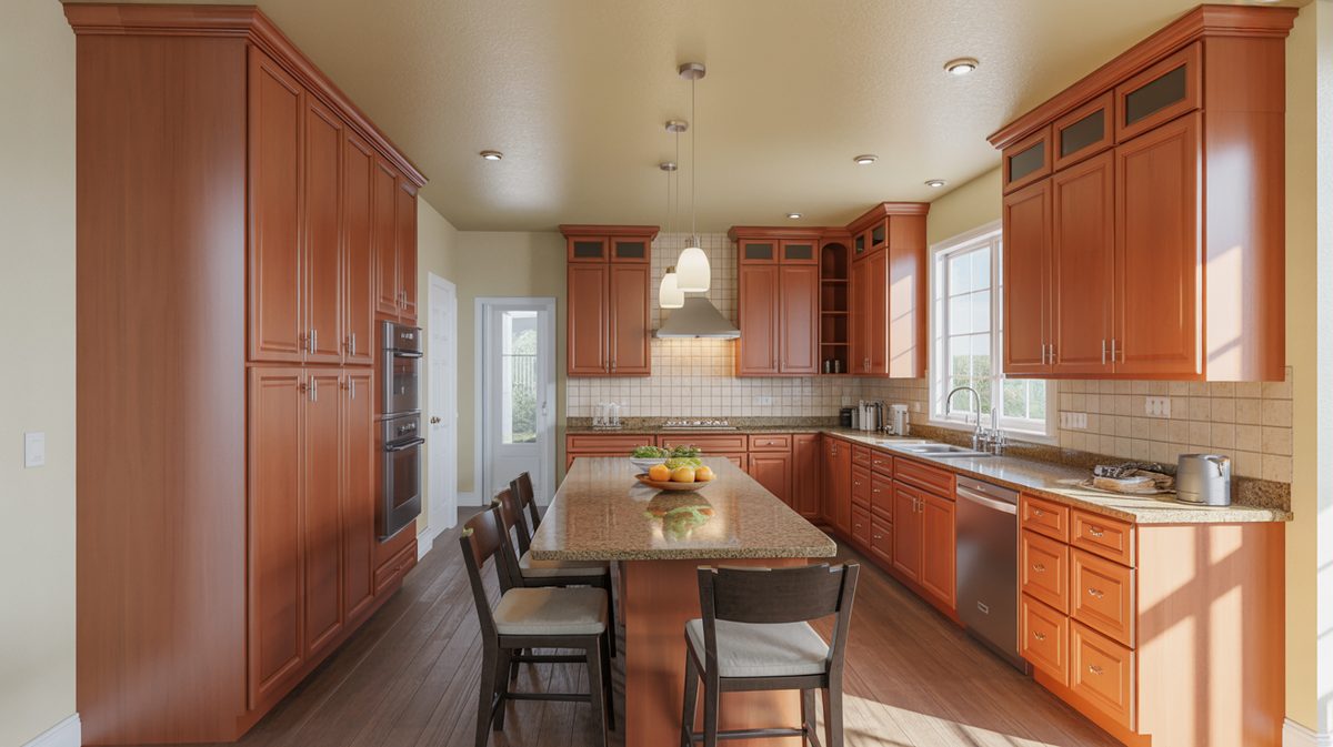Kitchen with gel stained cabinets granite breakfast bar island long peninsula