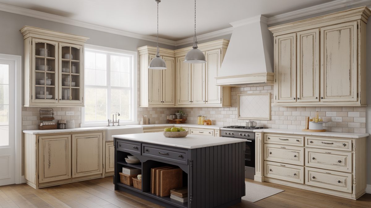 Kitchen with white glazed distressed cabinets black island