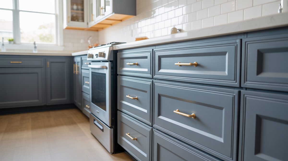 Kitchen with painted blue cabinets and new hardware handles