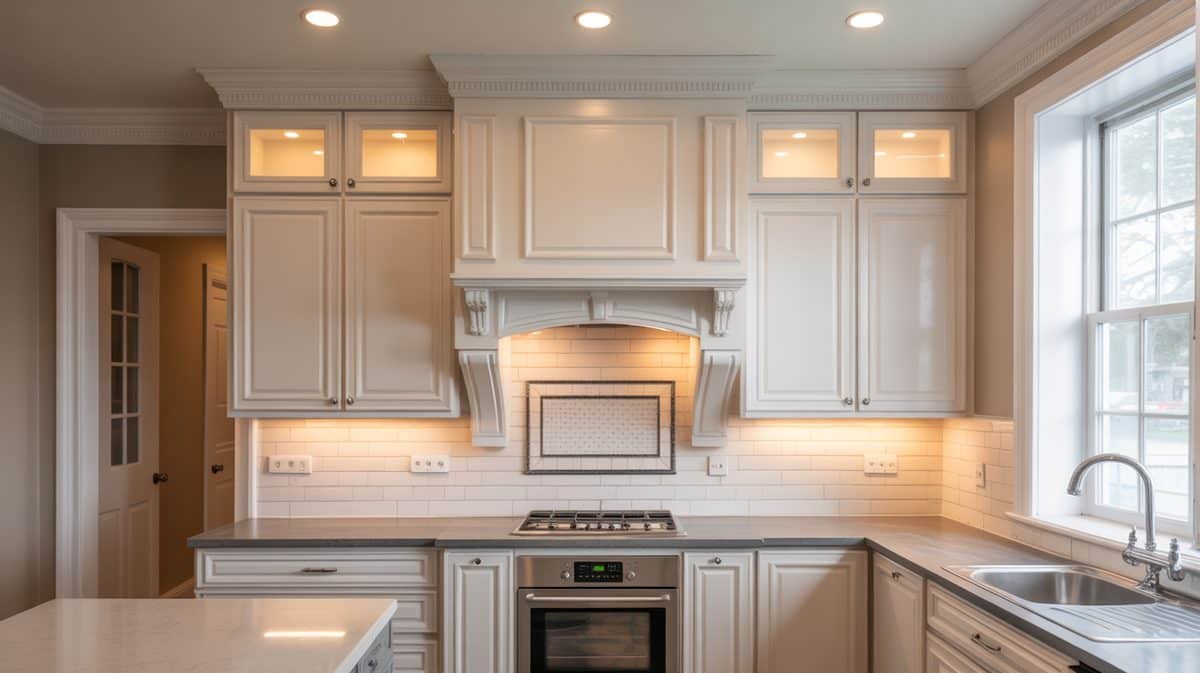 Kitchen remodel with added trim above cabinets with lighting