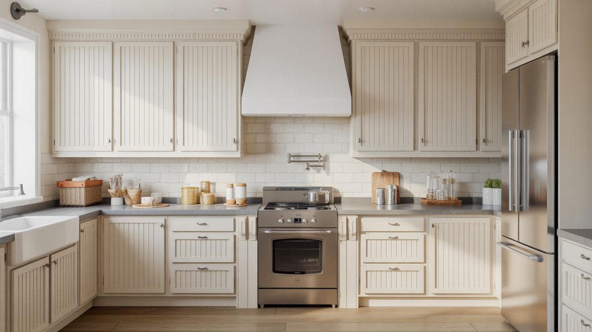 Kitchen with beadboard cabinet doors