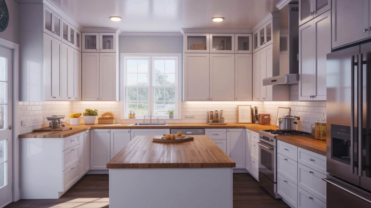 Kitchen cabinet remodel with added trim height above and a butcher block peninsula