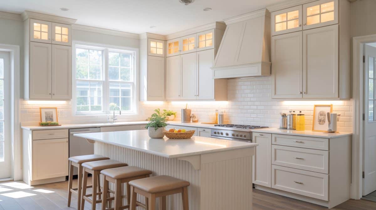 White kitchen with under cabinet lighting and beadboard peninsula