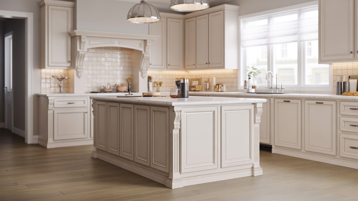 Kitchen with accent feet molding on island