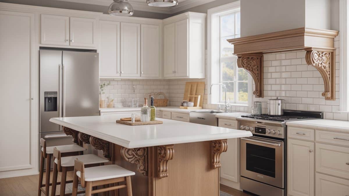 Kitchen island with corbels and white cabinets