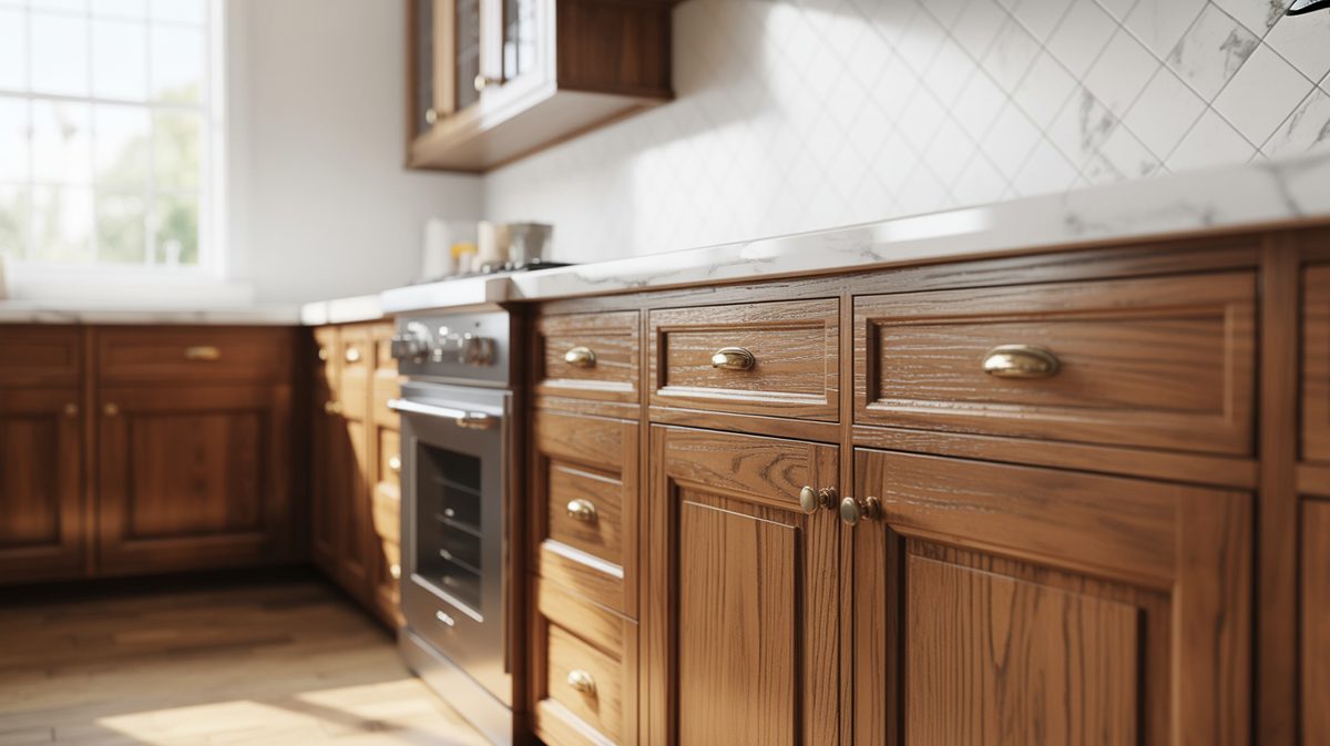 Kitchen with stained oak cabinets marble countertops