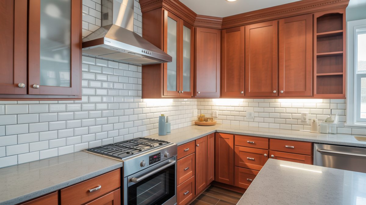 Kitchen with cherry cabinets and subway tile backsplash