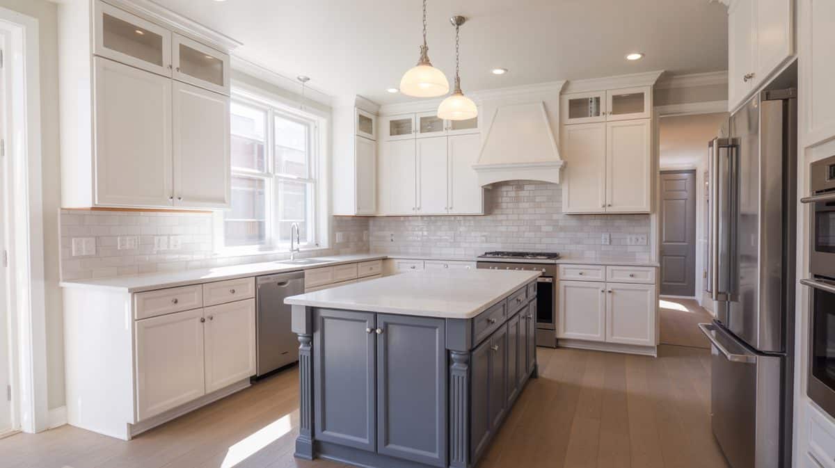 Kitchen with white cabinets, gray island and tile backsplash