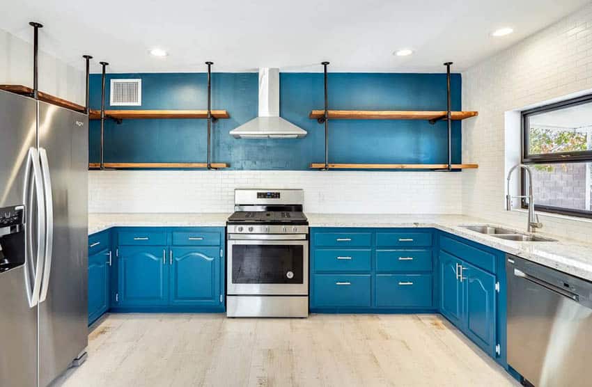 Blue kitchen with open shelves u shaped design layout