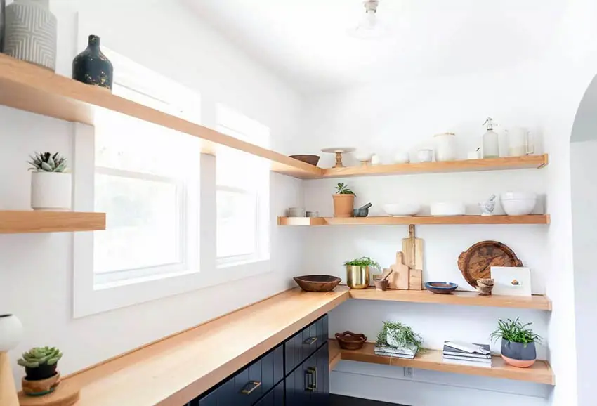 Corner shelving using laminated boards, succulents and base cabinets