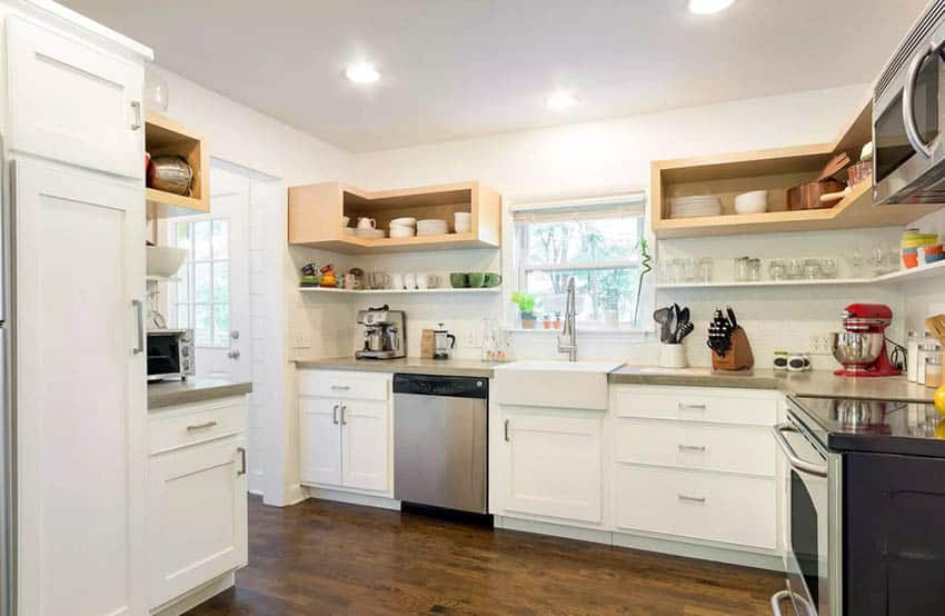Farmhouse kitchen with white cabinets open shelving