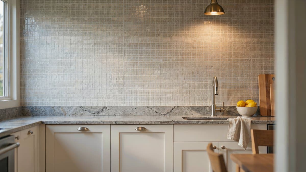 Cream cabinets and granite counters with a pale mosaic tile wall above a short backsplash