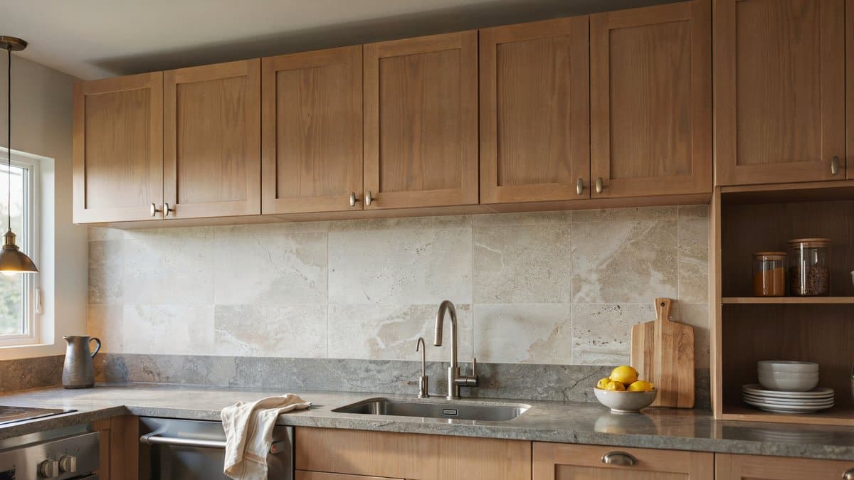 Beige travertine tile wall above a low granite backsplash in a warm wood kitchen