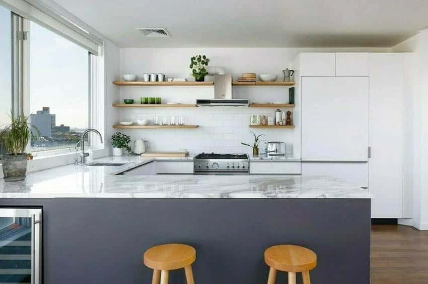 Kitchen with open shelves decor and peninsula