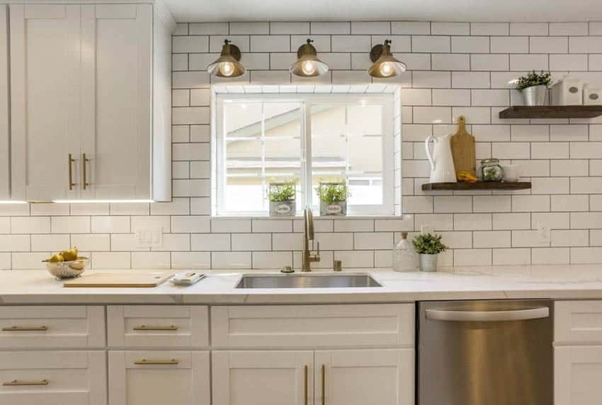 Farmhouse kitchen with small diy open shelving