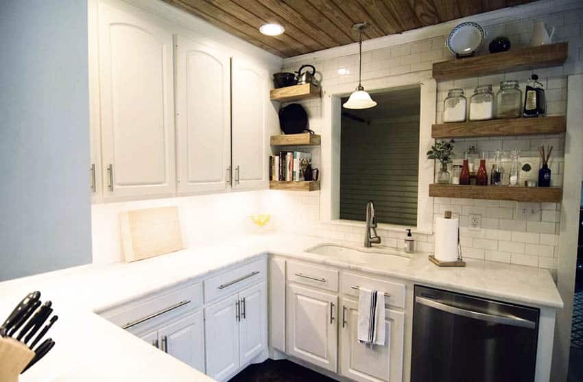 Small kitchen with open shelving decor