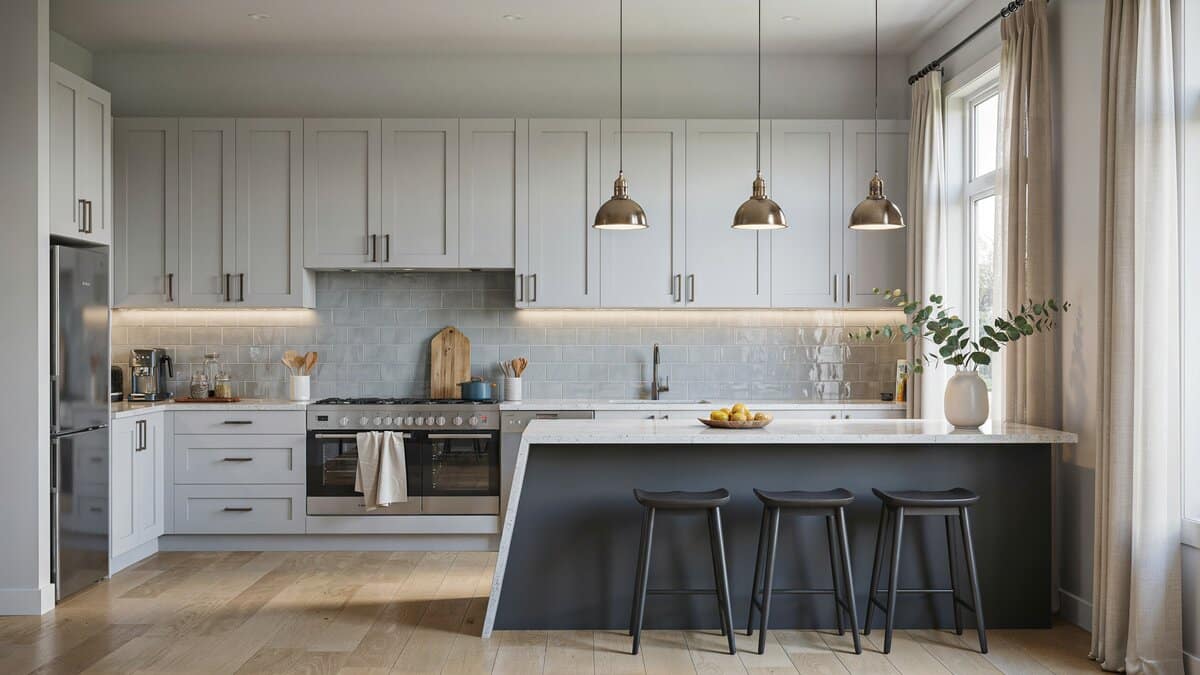 Contemporary kitchen with light gray cabinets and a charcoal gray island