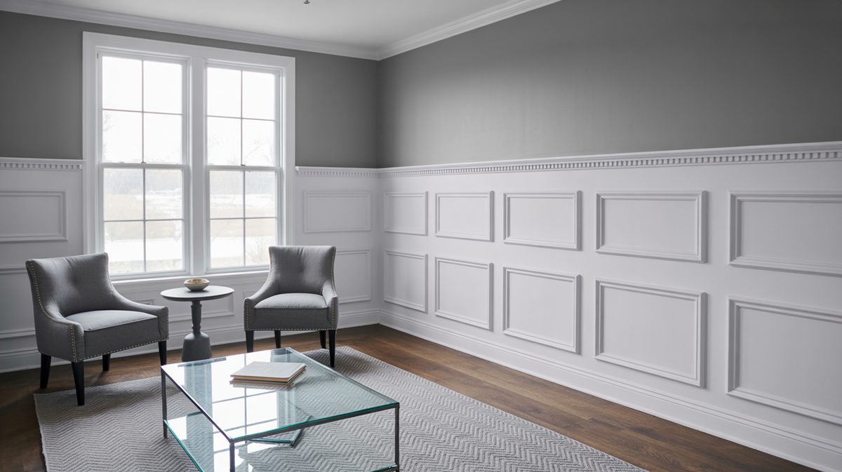 Gray living room with white picture frame wainscoting panels, two nailhead accent chairs, glass coffee table, and dark hardwood floors