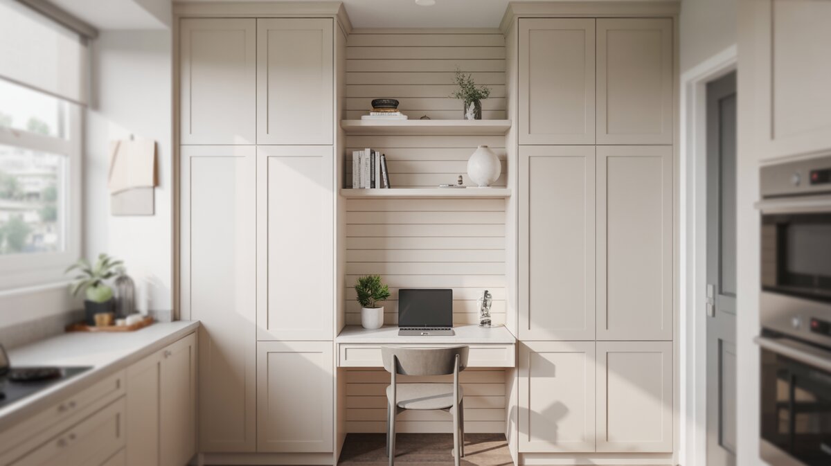 White shiplap accent wall framing a compact kitchen desk with floating shelves