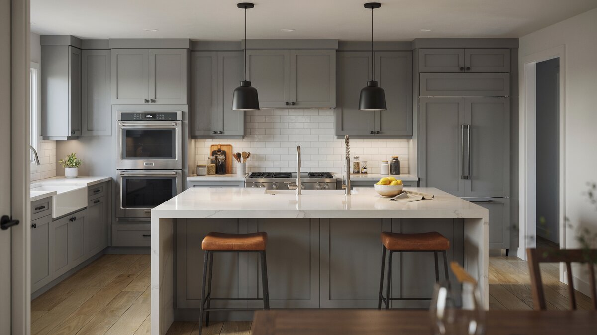 White quartz counters and subway tile brighten these soft gray cabinets