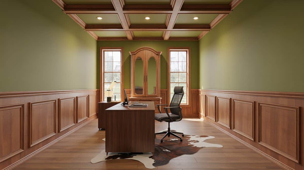Honey-toned wood raised panel study with green coffered ceiling, walnut executive desk, leather office chair, and cowhide rug