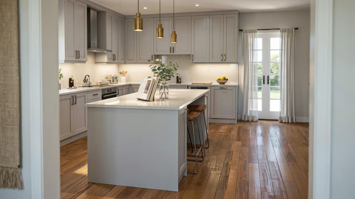 Light gray cabinets and white counters sit beside glass French doors