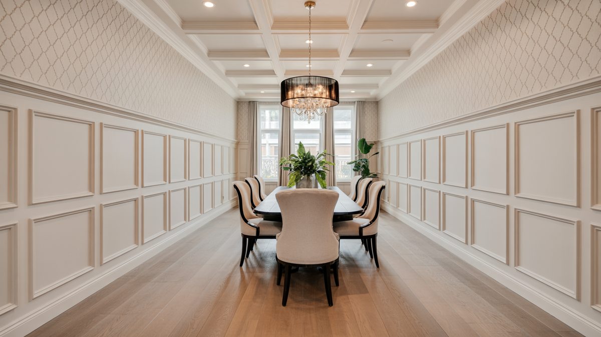 Cream dining room with tall flat panel wainscoting on all walls, coffered ceiling, crystal drum chandelier, and upholstered dining chairs