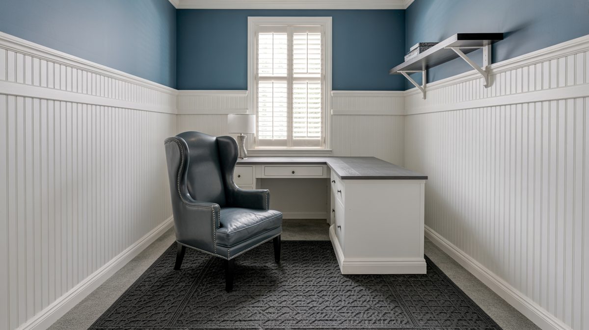 Blue-gray home office with white beadboard panels, built-in L-shaped desk, navy leather wingback chair, and plantation shutters