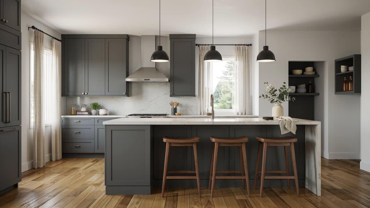 Dark gray cabinets rise above hardwood floors lit by black pendants
