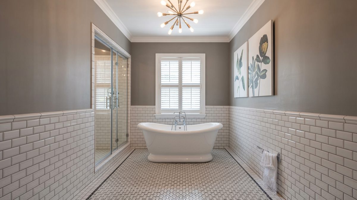 Gray bathroom featuring white subway tile panels, oval freestanding soaking tub, mosaic hex tile floor, and mid-century sputnik chandelier