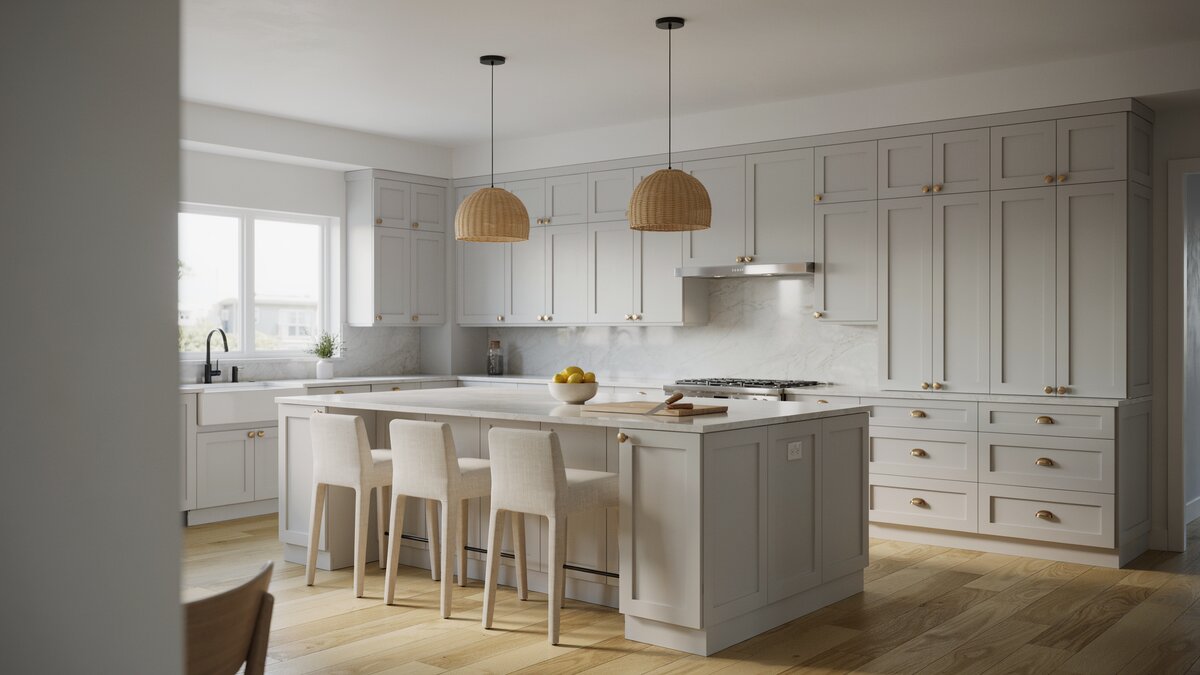 Warm gold hardware accents these light gray cabinets and quartz counters