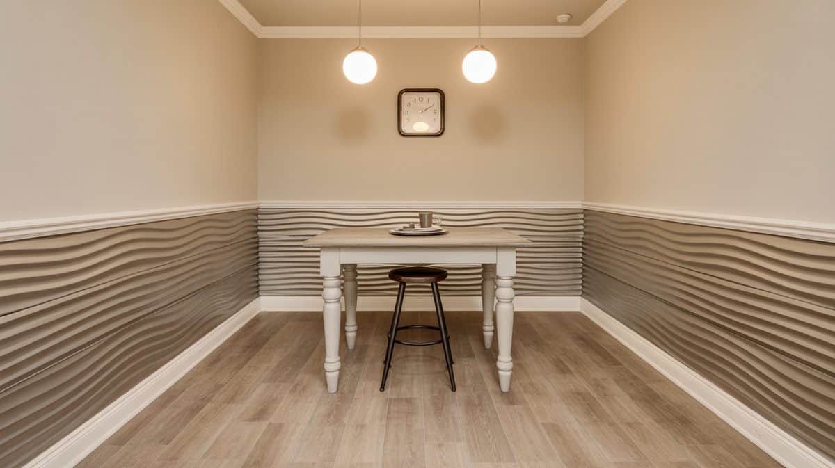 Cozy dining nook with wavy textured neutral panels on lower walls, white farmhouse table, bar stool, and two globe pendant lights