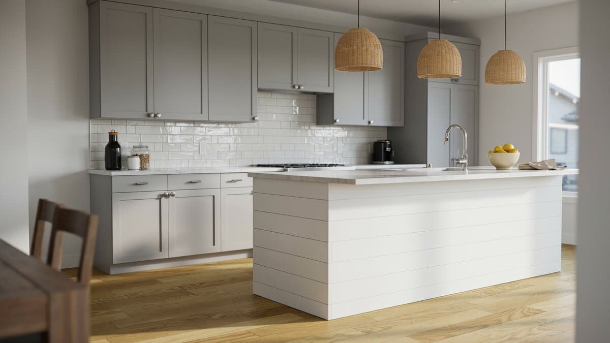 Silver pulls and a white shiplap island complement cool gray cabinets
