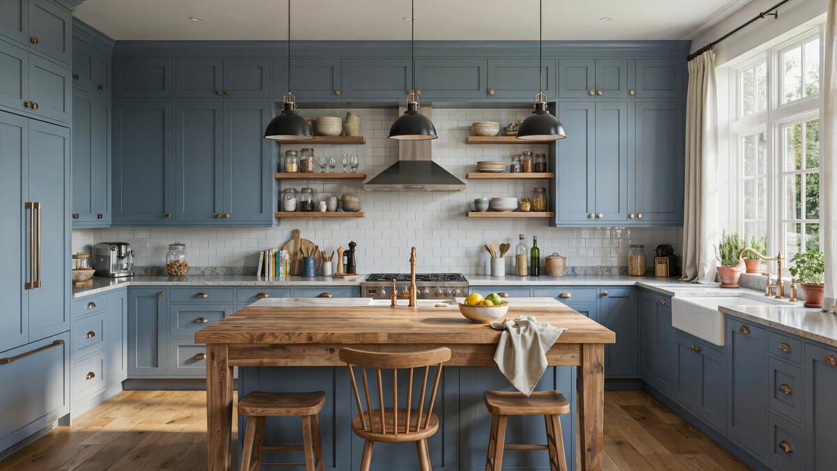 Blue gray cabinets with silver hardware frame a rustic wood island