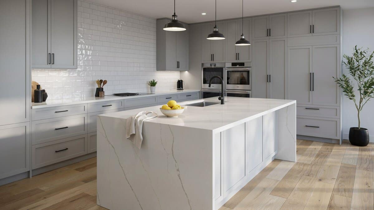 Sleek matte black hardware finishes these deep gray kitchen cabinets