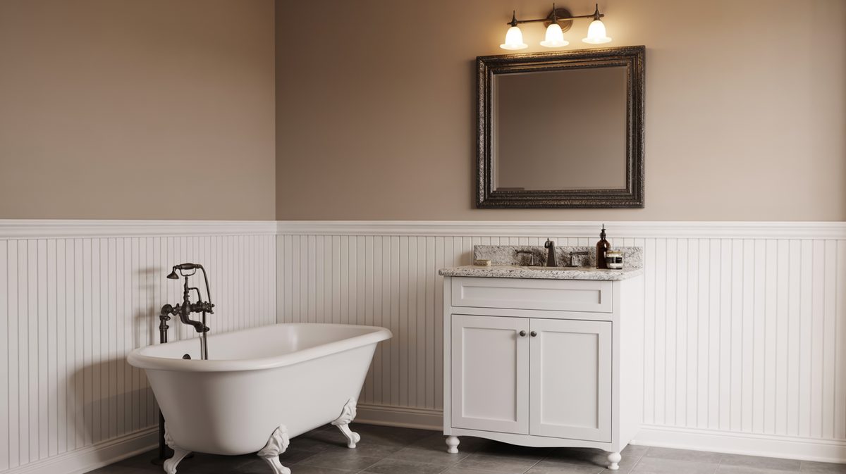 Warm beige bathroom with white beadboard half-wall panels, freestanding clawfoot tub with oil-rubbed bronze faucet, and white vanity with granite top
