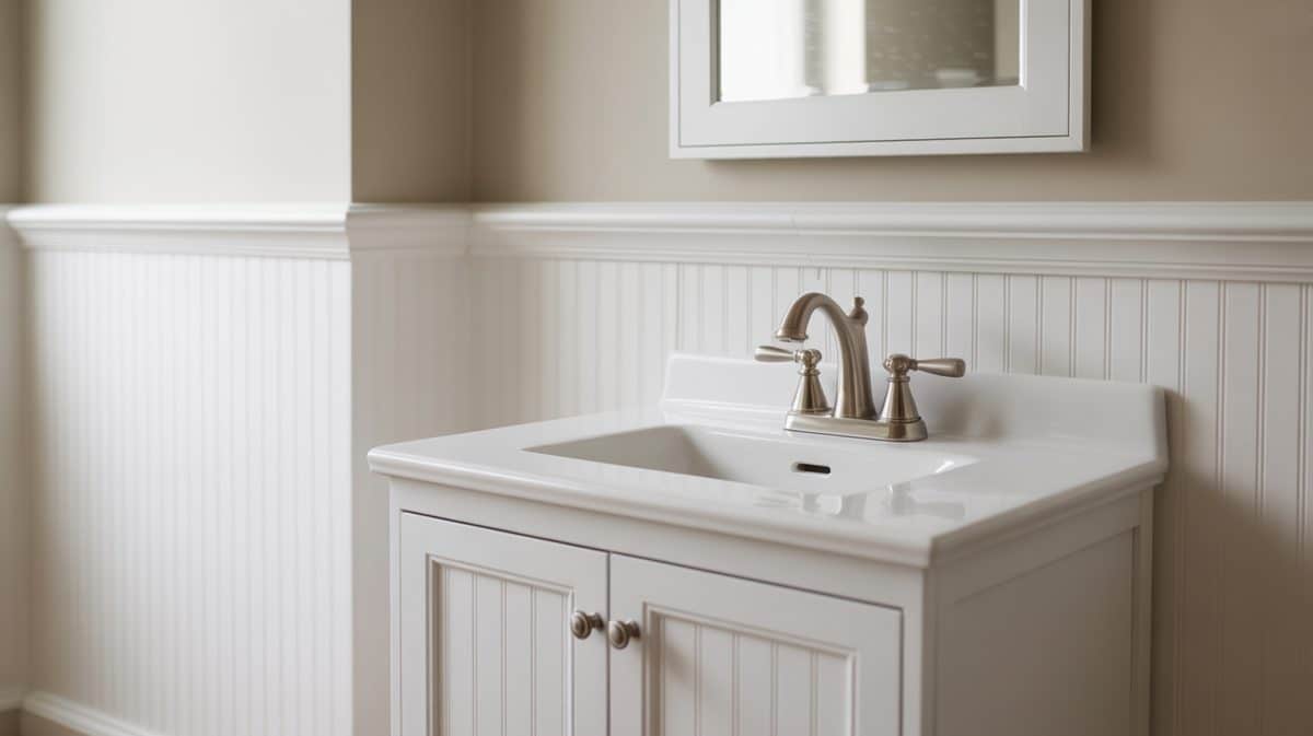 Bathroom close-up showing white beadboard panel behind a pedestal vanity with white undermount sink and brushed nickel two-handle faucet
